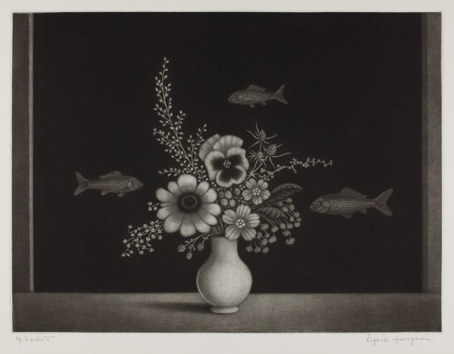 アカリョムの前の草花　1969年、メゾチント、269×360mm