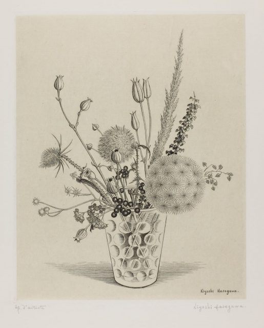 コップに挿した枯れた野花　1950年、エングレーヴィング、282×228mm