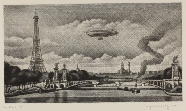 アレクサンドル三世橋とフランスの飛行船　1930年、メゾチント、137×307mm