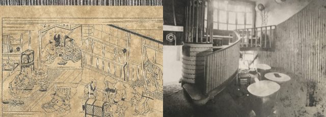 写真左：江戸時代の様子、写真右：川喜田錬三郎による戦前の店舗の様子
