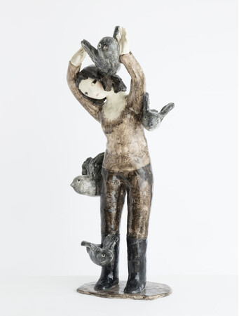 Young girl with crows, 66x24x29cm, glazed ceramic