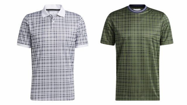 タータンチェック（左から）半袖ポロシャツ、クルーネックシャツ