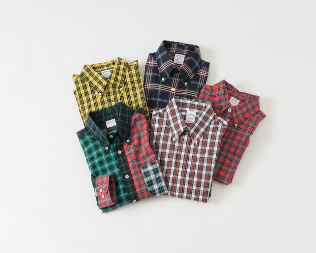 「メンズ チェックシャツ」各¥16,500（イエロー、ネイビー、赤＆白）¥17,600（レッド）¥18,700（クレイジーパターン）