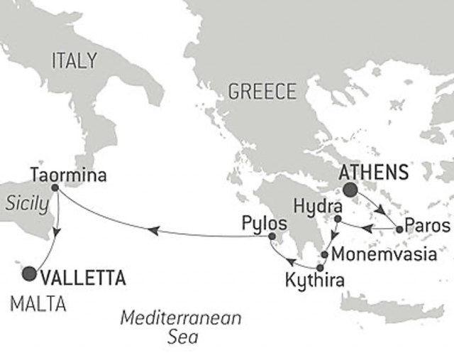 日程：2024年7月23日～（7泊8日）、航路：アテネ（ギリシャ）発・バレッタ（マルタ共和国）着、クルーズ代金：3,860ユーロ〜