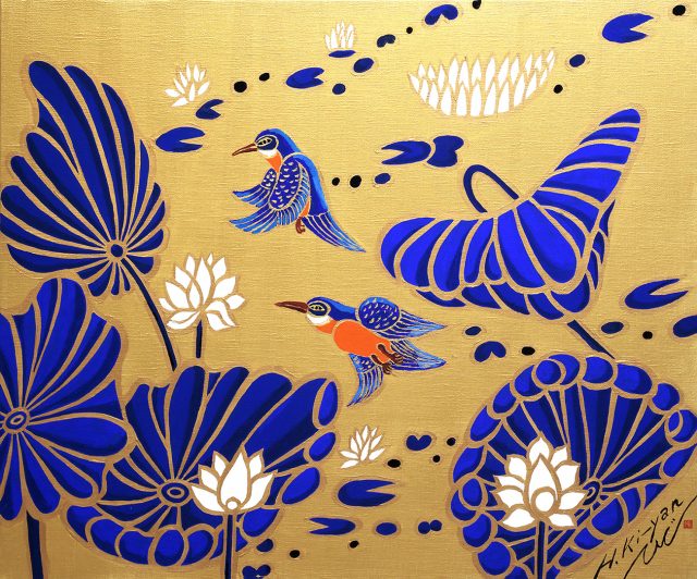 「Kingfisher by the Lotus pond」 2022年、麻包張キャンバスにアクリル絵具、606×727mm