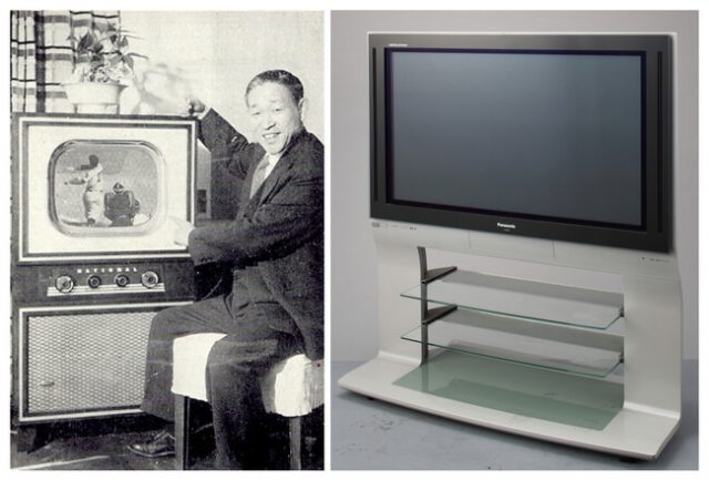 （左）ナショナルテレビ1号機完成を喜ぶ松下幸之助さん（1953年） （右）地上デジタル放送開始に合わせて開発された、薄型テレビ「ビエラ」1号機（2003年）