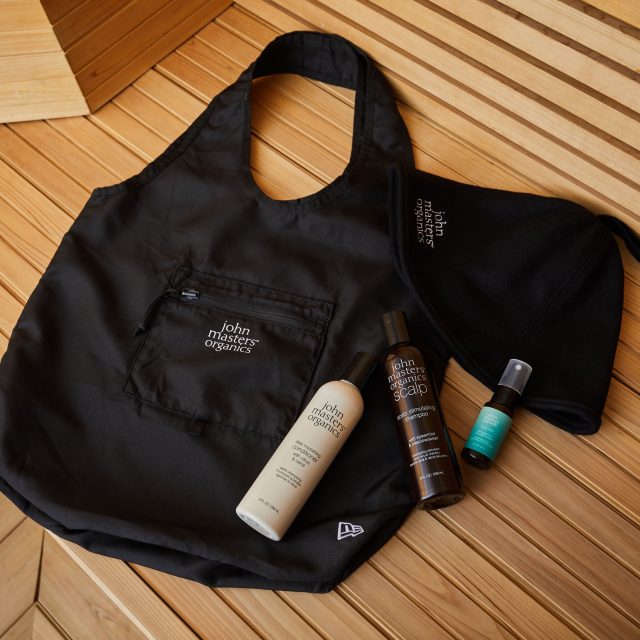 john masters organics × New Era saunner set ¥12,639、セット内容：S＆Mスキャルプシャンプー N 236mL／C＆Nコンディショナー N 236mL／john masters organics × New Era サウナハット ブラック／john masters organics × New Era エコトートバッグ ブラック／S＆Mボディミスト ミント 30mL（present）※New Era不織布バッグ付