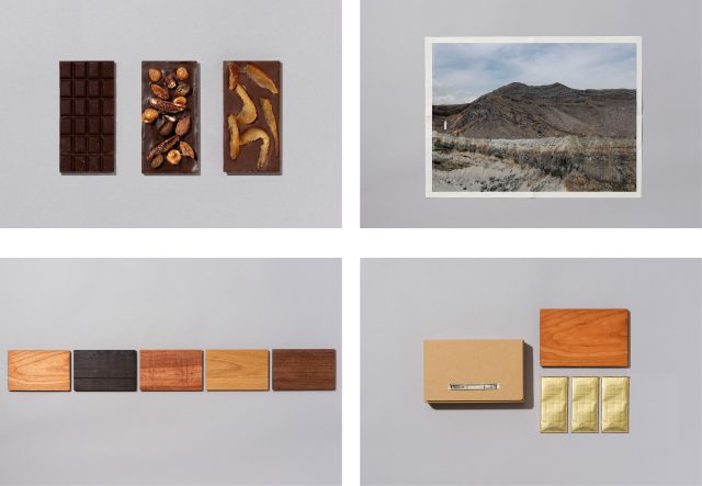 画像左上：ショコラタブレット、右上：タブロイド、左下：端材木皿プレート、右下：パッケージ、ショコラタブレット、端材木皿プレート