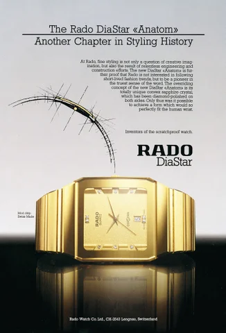 1980年代当時のラドーダイヤスターアナトムの広告イメージ