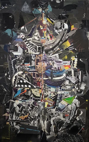 Lightning  2024  mixed media collage on panel, framed  117 x 73 cm  ©Tetsuya Nagato