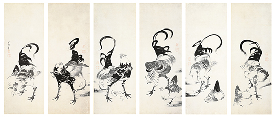 伊藤若冲「鶏図押絵貼屛風」のうち左隻（部分）寛政9年（1797）頃