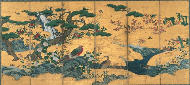 重要文化財「四季花鳥図屏風」(左隻) 狩野元信筆 室町時代　　　　　　　　展示期間：11月17日（日）～12月8日（日）